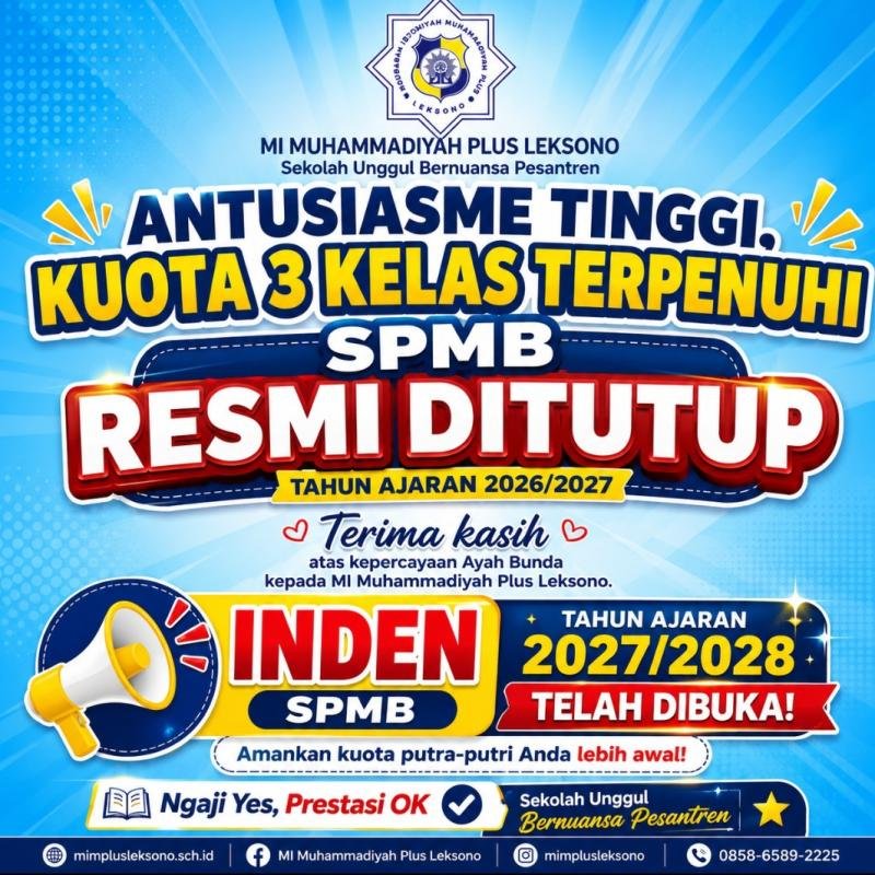 Membludak, Kuota 3 Kelas MI Muhammadiyah Plus Leksono Resmi Terpenuhi ! Slot inden untuk tahun depan kini Langsung Dibuka!