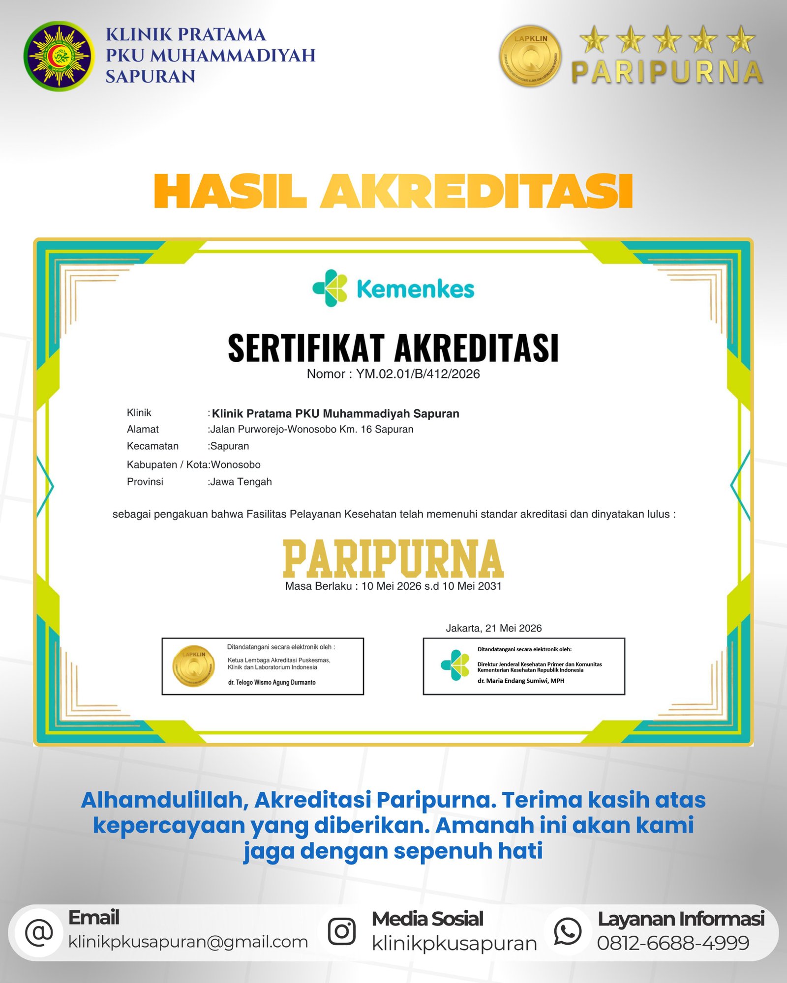 Klinik Pratama PKU Muhammadiyah Sapuran Raih Akreditasi Paripurna, Bukti Nyata Layanan Kesehatan Berkualitas dan Terpercaya - Gambar 3